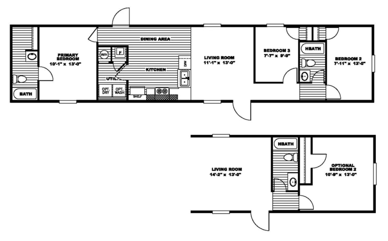 Narrow Footprint Floor Plan with Optional Room Configs