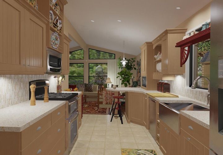 Narrow Kitchen Layout Ideas featuring Vaulted Clerestory Windows.