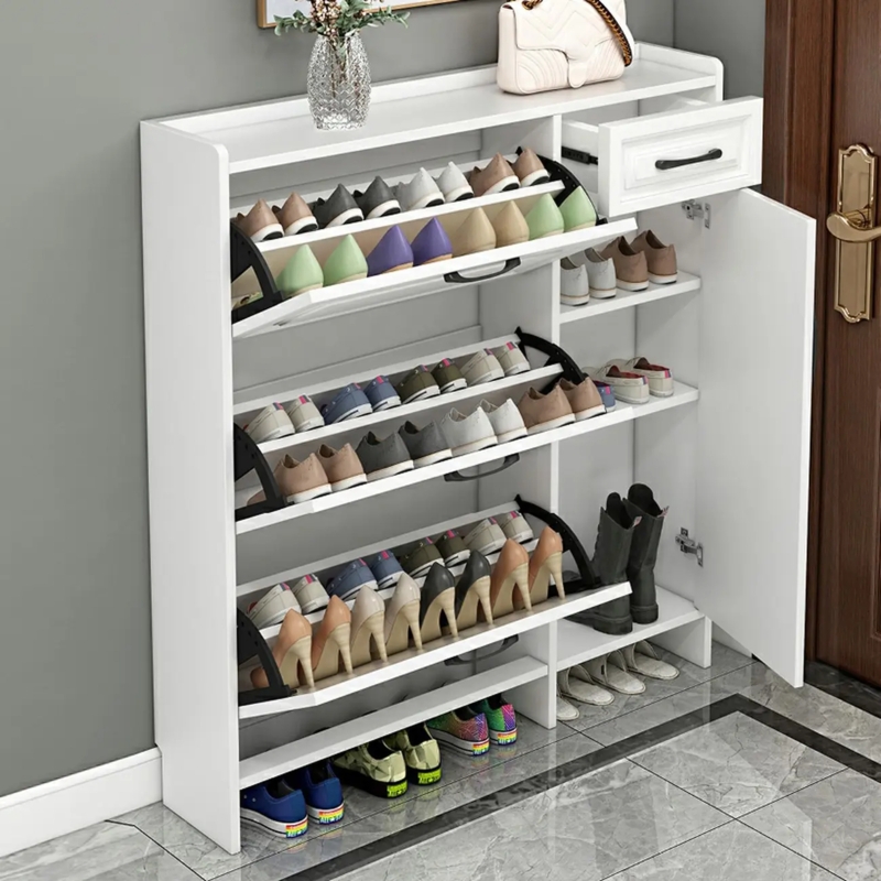 Narrow Shoe Cabinet with Flip-Down Drawers and Side Boot Compartment