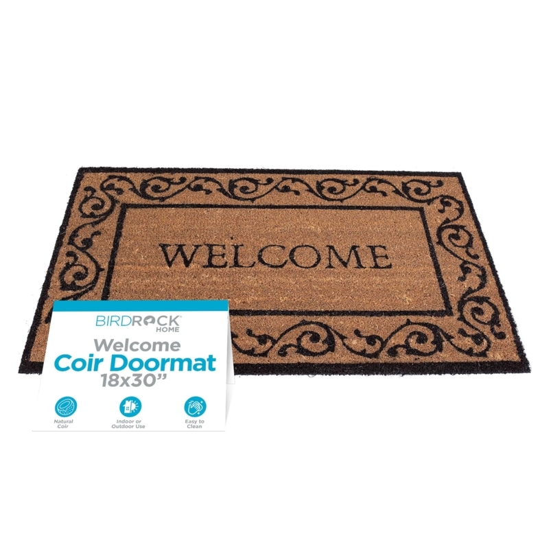 Natural Coir Doormat with Decorative Black Scroll Border