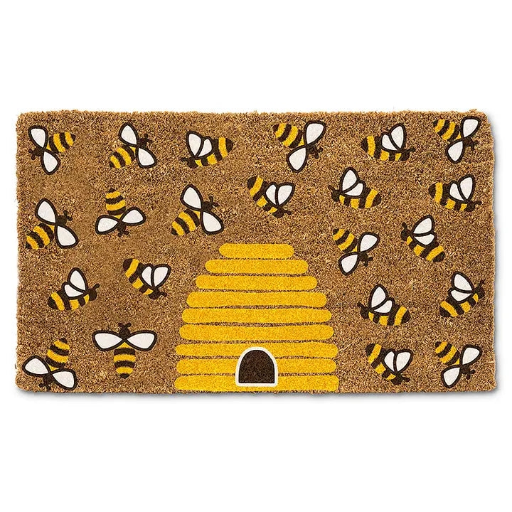 Natural Fiber Doormat with Honeybee Pattern and Beehive Skep Motif