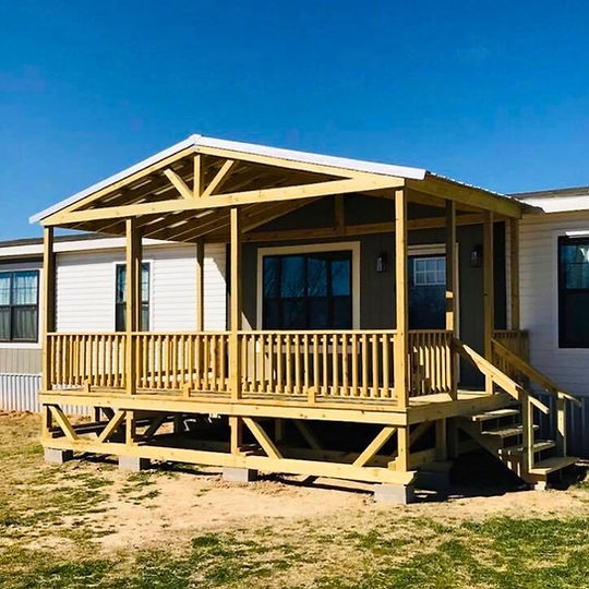 Natural Wood Gable Roof Porch with Exposed Trusses and Slat Railing