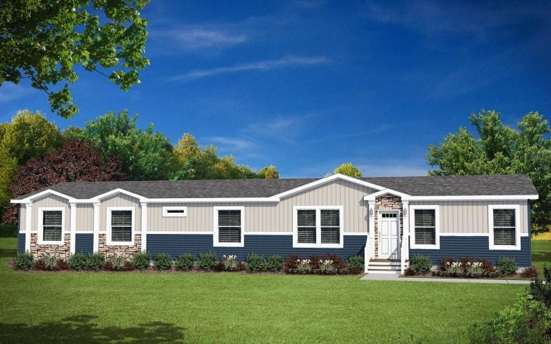 Navy and Cream Manufactured Home with Stone Accents