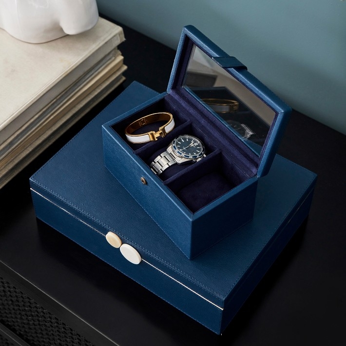 Navy Blue Leather Jewelry Box Mirrored Lid Jewelry Organizer Tiered Set