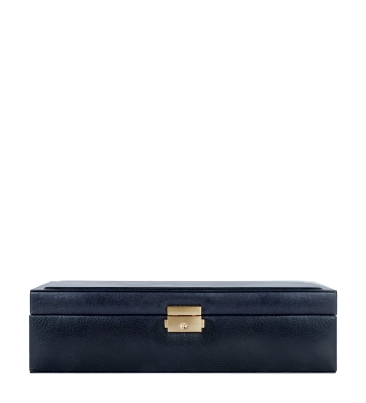 Navy Blue Watch Box Pebbled Texture Gold Clasp Rectangular Form