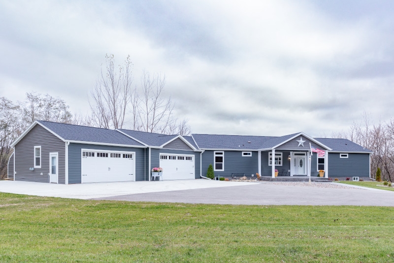 Navy Manufactured Home Garage Addition Ideas & White Trim Exterior