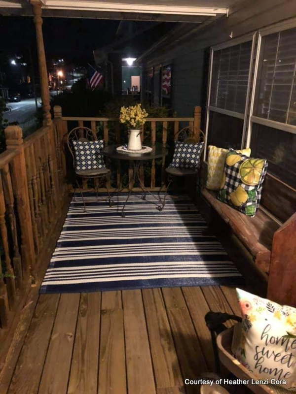 Navy Striped Outdoor Rug Styling with Bistro Set and Rustic Wooden Bench