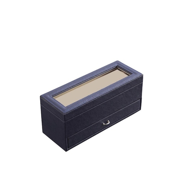 Navy Watch Storage Box with Integrated Drawer Textured Finish Glass Top