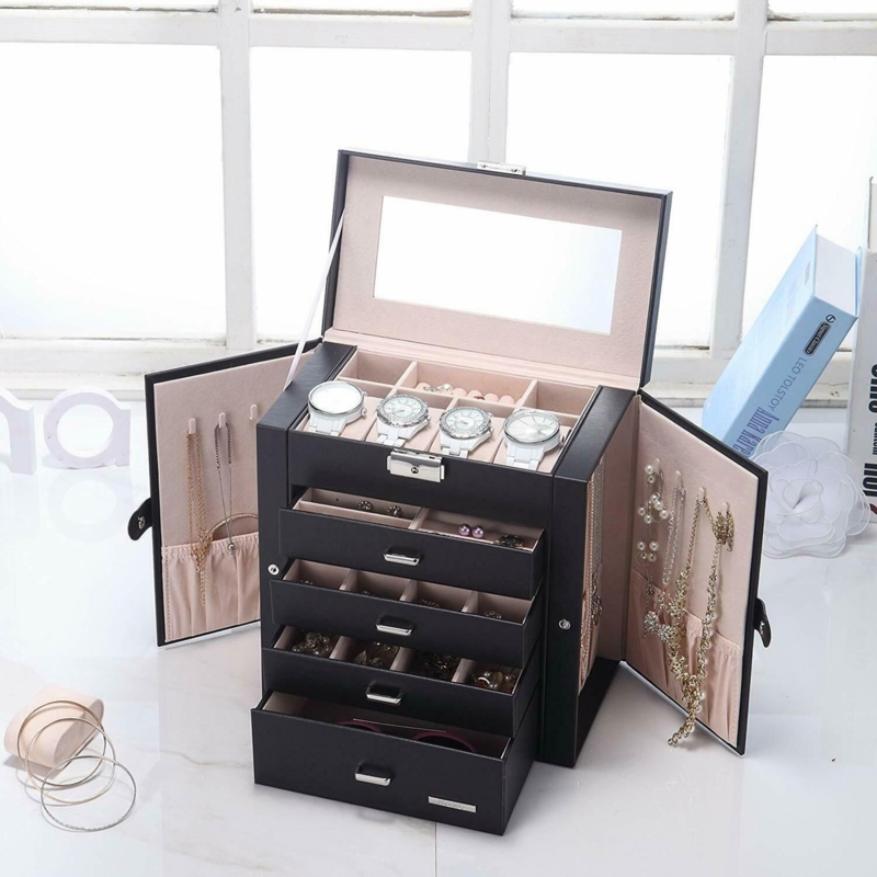 Necklace Organizer with Side Wings Four Drawers and Mirrored Lid