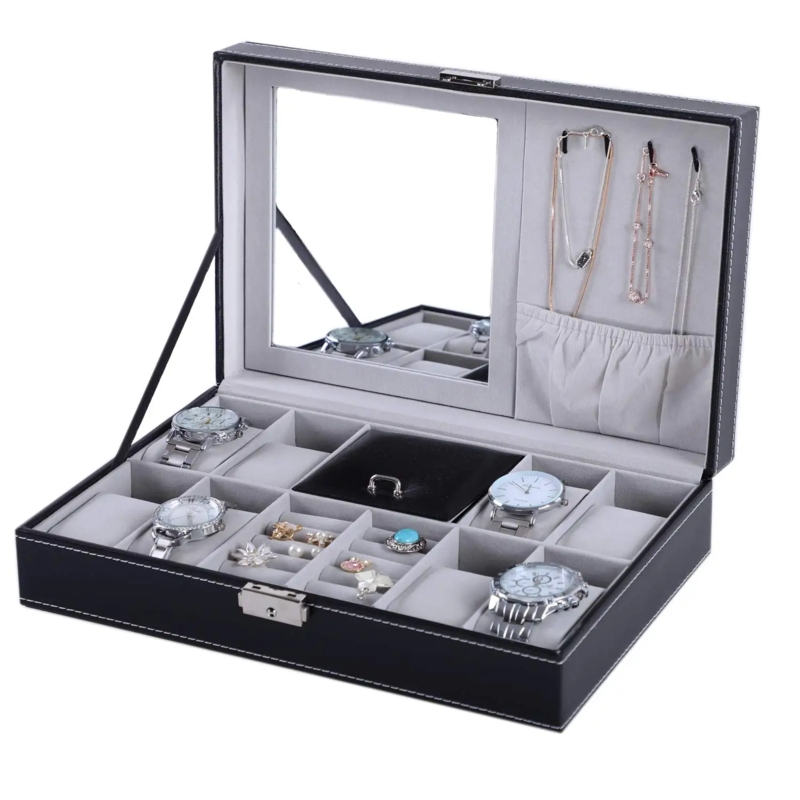 Necklace Storage Box with Mirror Black with Watch Pillows and White Stitching
