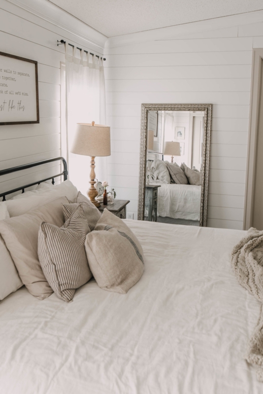Neutral Farmhouse Bedroom Decor with Leaning Floor Mirror