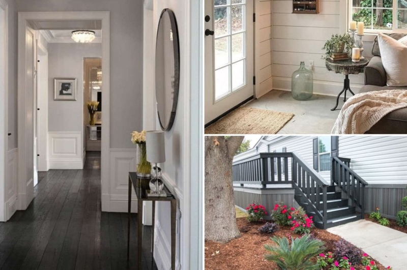 Neutral Hallway Wainscoting Ideas mixed with Shiplap & Dark Floors