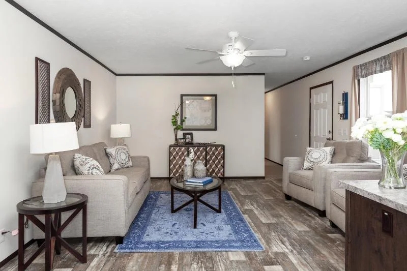 Neutral Living Room with Blue Distressed Rug, Chevron Sideboard