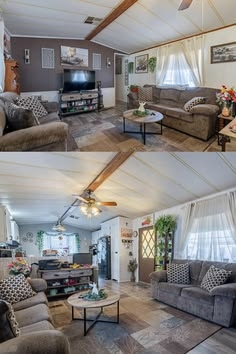 Neutral Living Room with Vaulted Ceiling and Rustic Beams