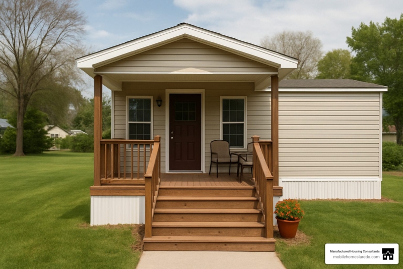 Neutral Manufactured Home Gabled Porch Entry with Wide Wooden Steps