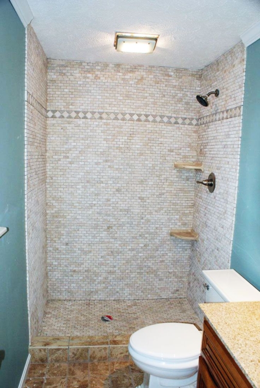 Neutral Mosaic Tile Shower Stall with Decorative Diamond Border