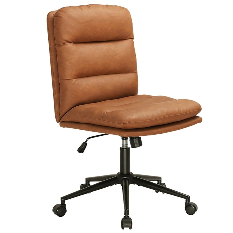 Office Chair Brown Armless Channeled Tufting Industrial Swivel