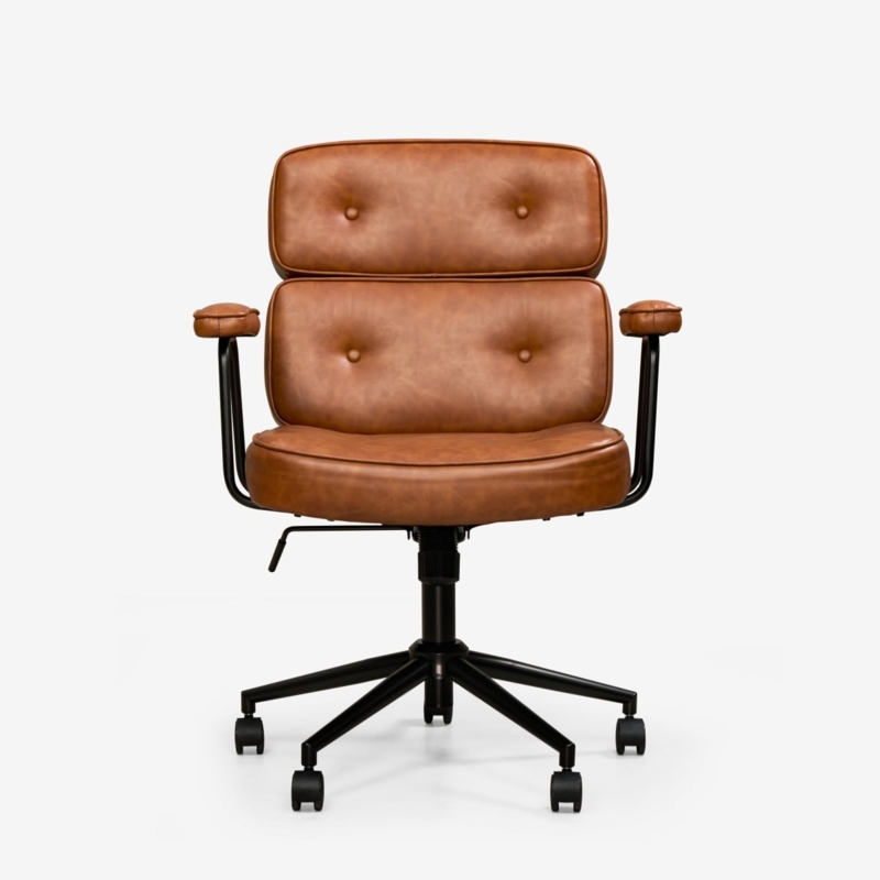 Office Chair Brown Button Tufted Segmented Backrest Mid Century