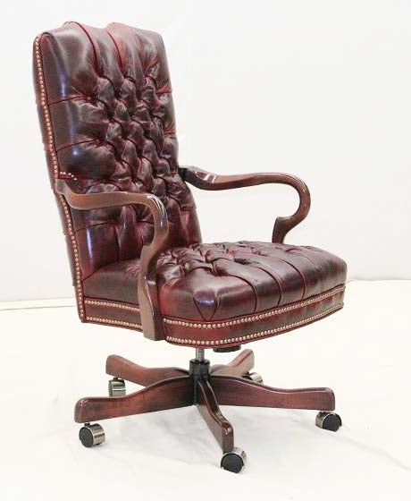 Office Chair Deep Burgundy Tufted Brass Nailhead Trim Wood Base