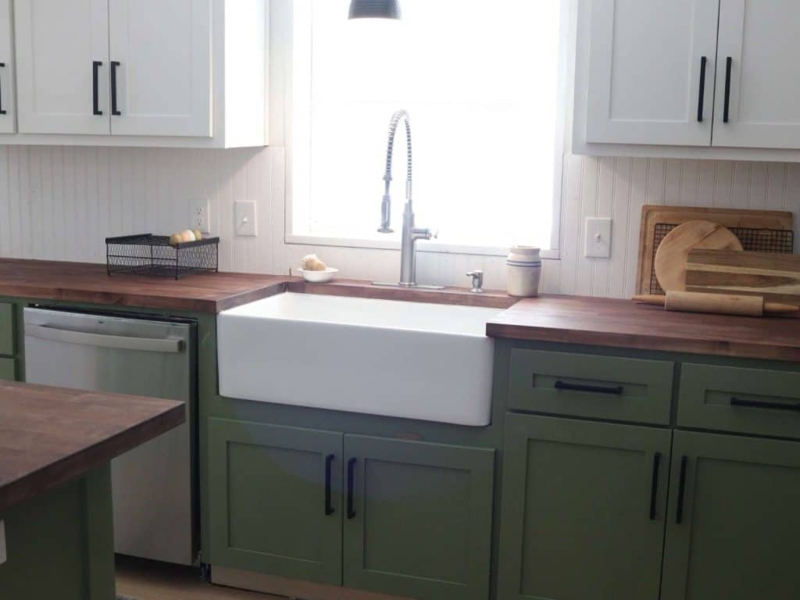 Olive Green Kitchen Cabinet Ideas with Beadboard Backsplash