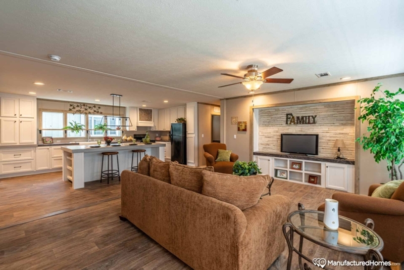 Open Concept Farmhouse Living Room: Built-in Media Center with Stone.