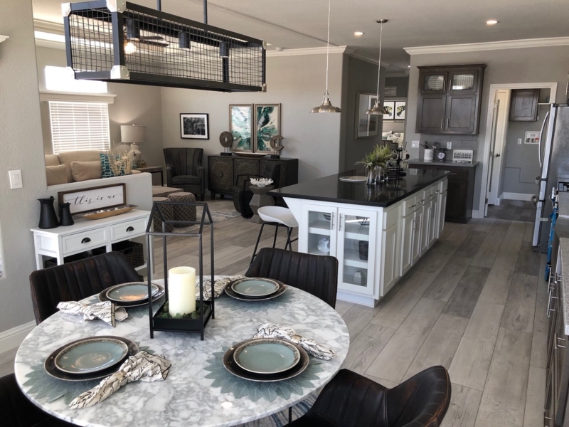 Open Concept Kitchen Dining Design with Industrial Cage Chandelier