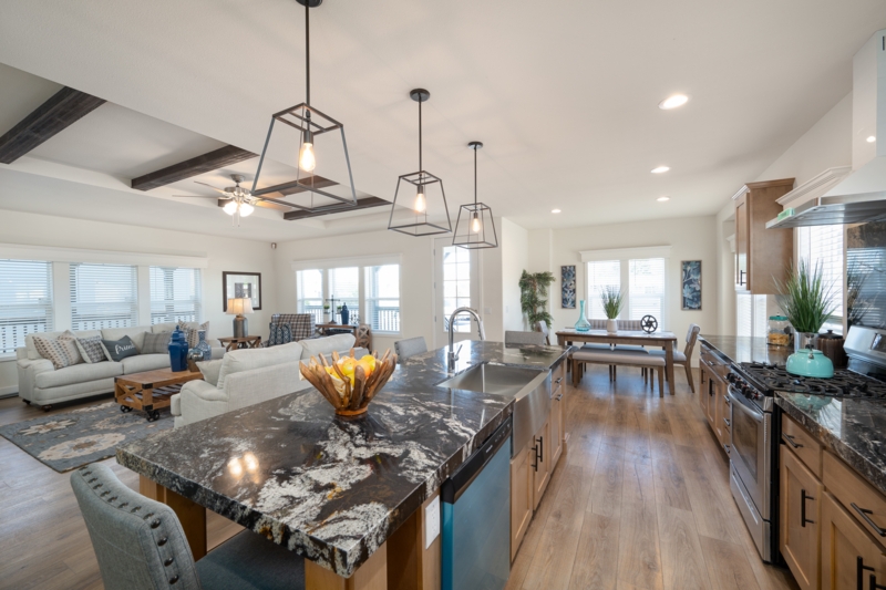 Open Concept Kitchen Living Area: Dark Stone Island and Wide Plank Floors