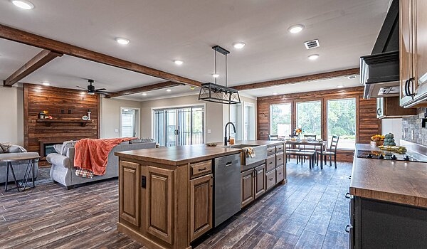 Open Concept Living Room with Reclaimed Wood Accent Wall Fireplace