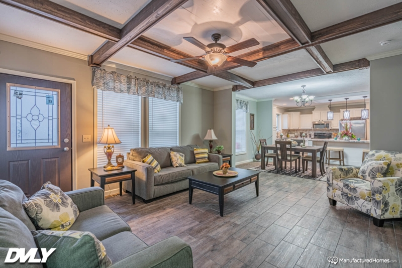 Open Concept Living Room with Rustic Wood Coffered Ceiling Beams
