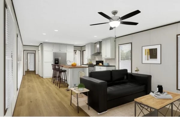 Open Concept Mobile Home Layout with White Shaker Cabinetry