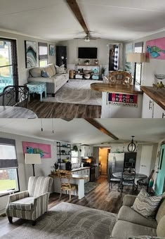 Open Concept Mobile Home Remodel with Dark Ceiling Beams