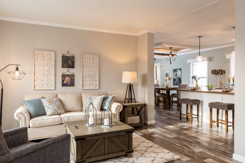 Open Farmhouse Living with Barn Door Coffee Table and Nailhead Sofa