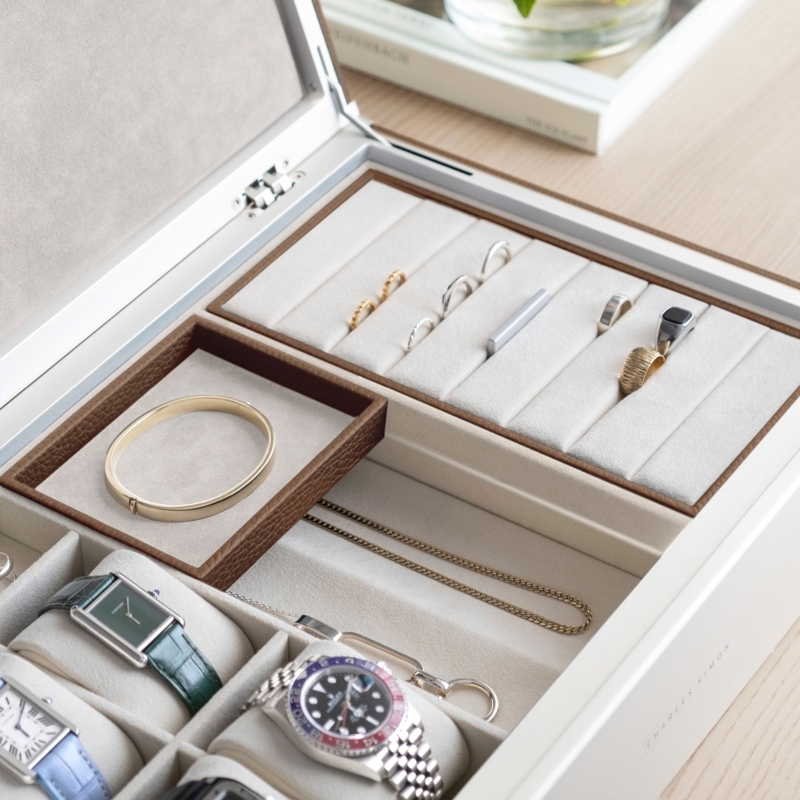 Open Jewelry Box with Pebbled Leather-Like Trim