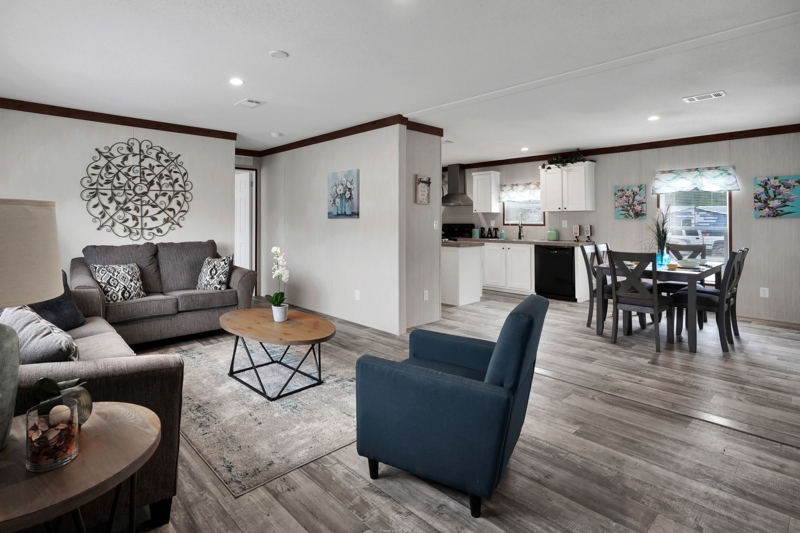 Open Plan Double Wide Layout with Grey and Blue Cool Toned Palette