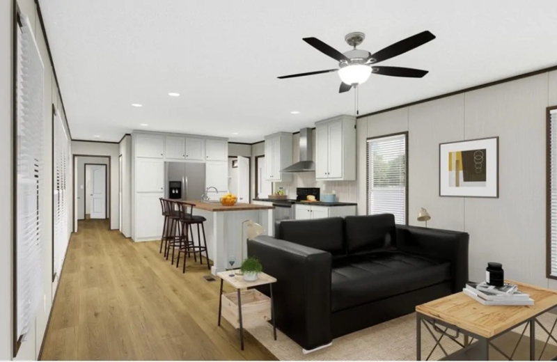 Open Plan Living Kitchen with Black and White Contrast Wood Accents