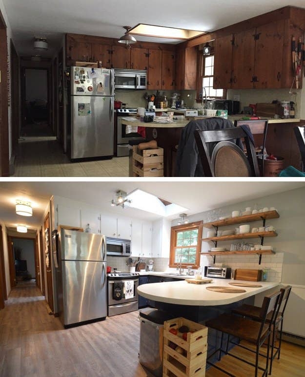 Open Shelving Kitchen Design Ideas with Two-Tone Cabinets and Skylight