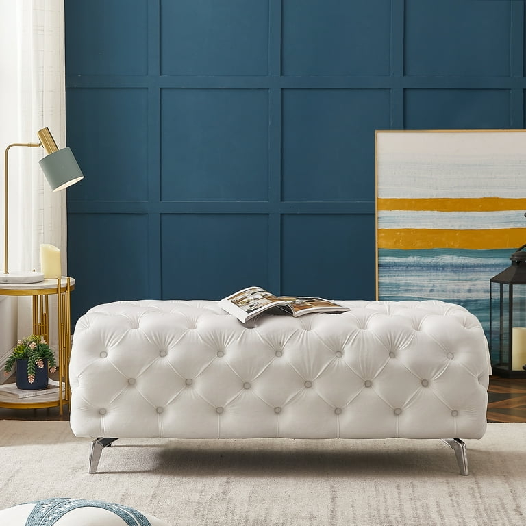 Ottoman Bench White All-Over Tufted with Silver Metal Legs Glam