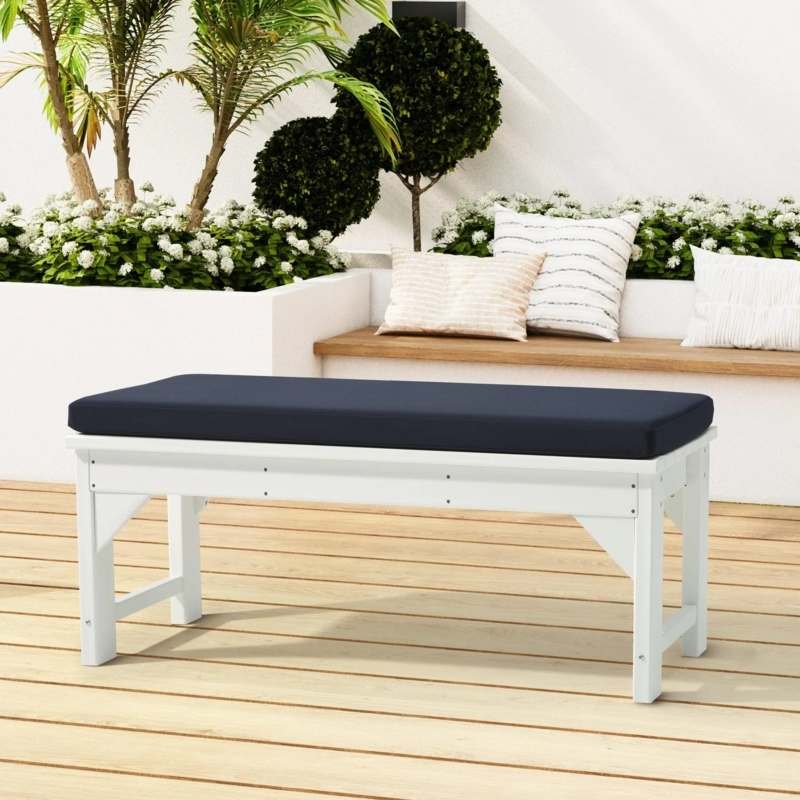 Outdoor Bench Backless White Frame with Navy Blue Seat Cushion Coastal