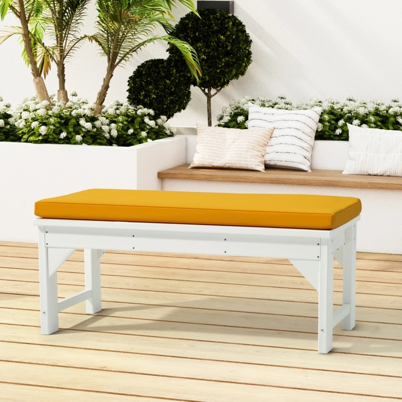 Outdoor Bench Backless White Modern Coastal with Mustard Yellow Cushion