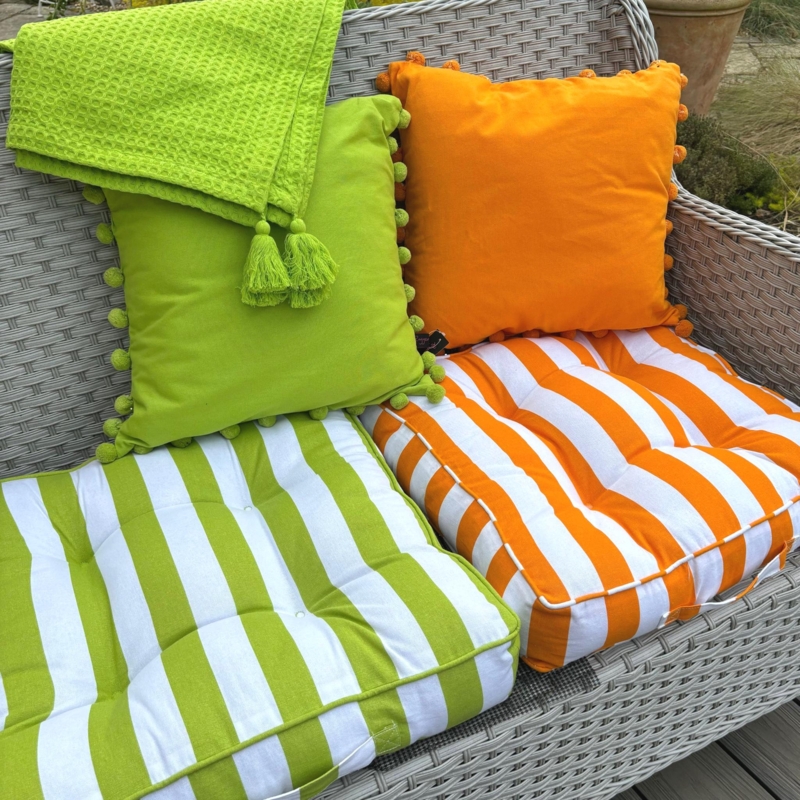 Outdoor Cushion Pom Pom Trim Bold Striped Lime Green Orange Seat Pads
