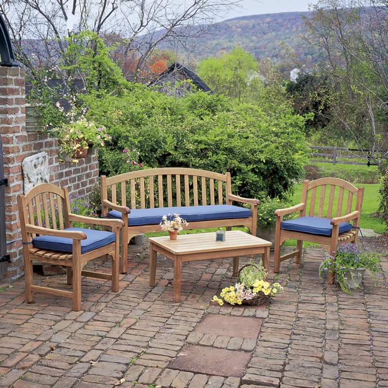 Outdoor Furniture Set Wood Toned Arched Back with Navy Cushions