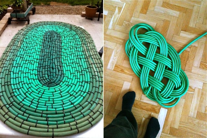 Outdoor Mat, Emerald Green Woven Knot Design, Repurposed Hose Idea