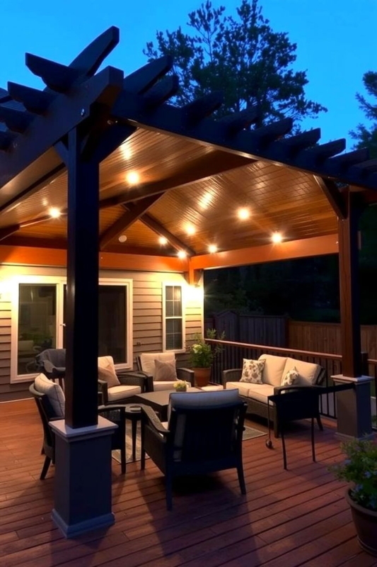 Outdoor Pergola with Integrated Lighting and Wood Plank Ceiling