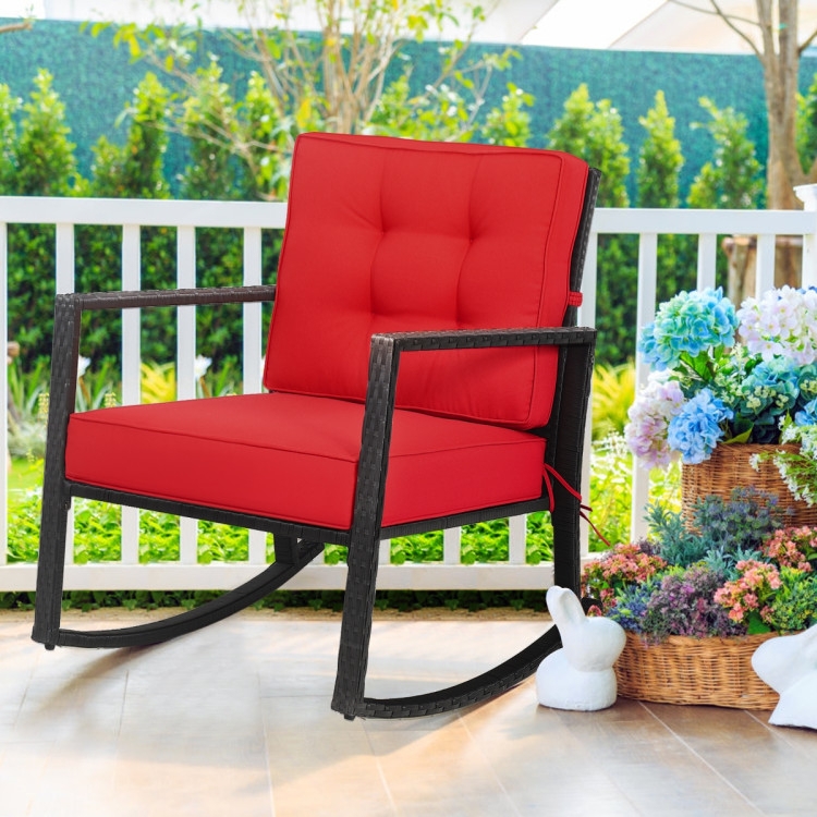 Outdoor Rocking Chair, Dark Woven Rattan, Vibrant Red Tufted Cushions
