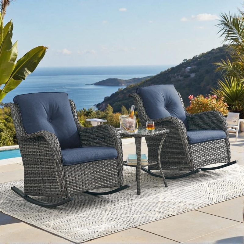 Outdoor Rocking Chair Set, Gray Wicker with Navy Tufted Cushions