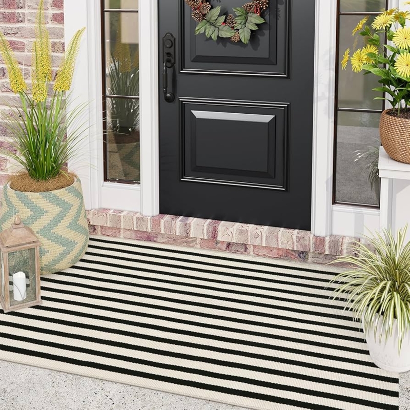 Outdoor Rug, Hand Woven, Black and White Striped, Modern Farmhouse Mat
