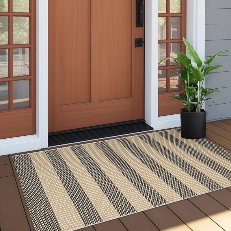 Outdoor Rug Striped Woven Tan And Black Modern Farmhouse