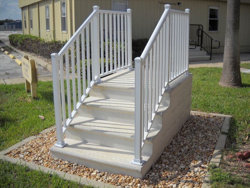 Outdoor Steps, Integrated White Railing with Anti-Slip Surface.
