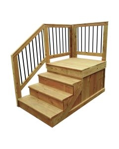 Outdoor Steps: Natural Wood Black Metal Balusters With Landing
