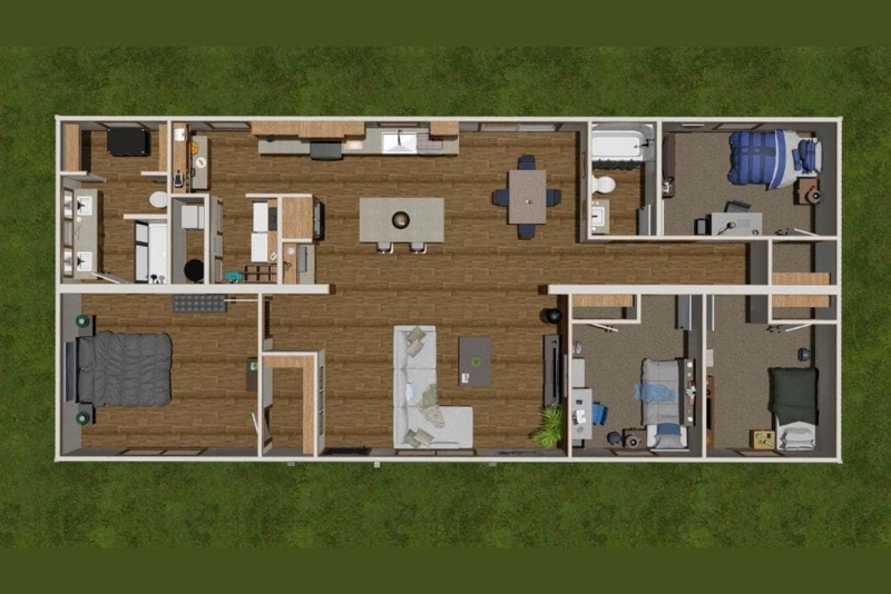 Overhead 3D Render Floor Plan: Efficient Open Concept Flow